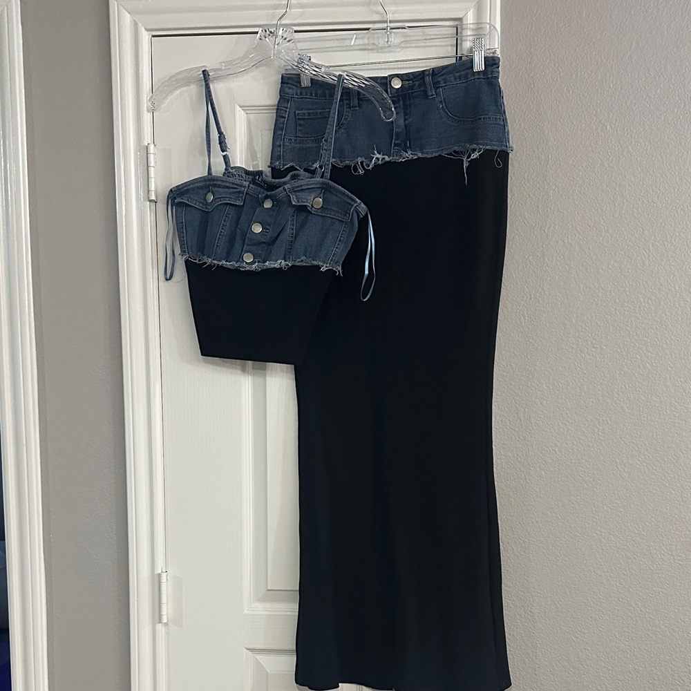 Akira Denim-Trim Black Maxi Skirt & Crop Top Set